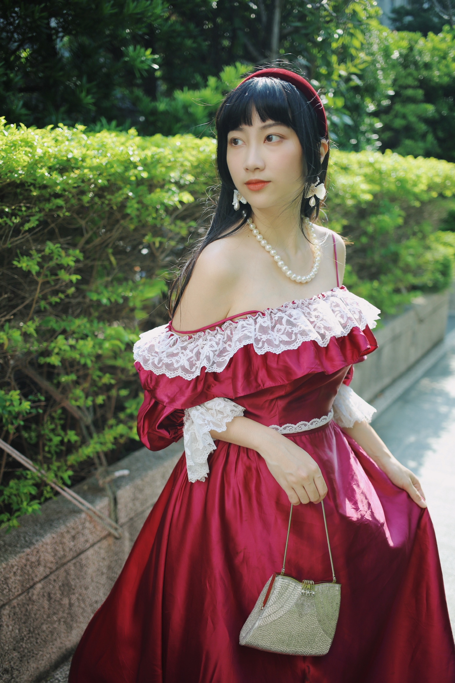 Vintage Dresses /古著紫紅色細肩蕾絲裙擺禮服