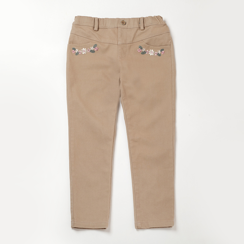 PIPPY彈性繡花鬆緊腰圍長褲 卡其