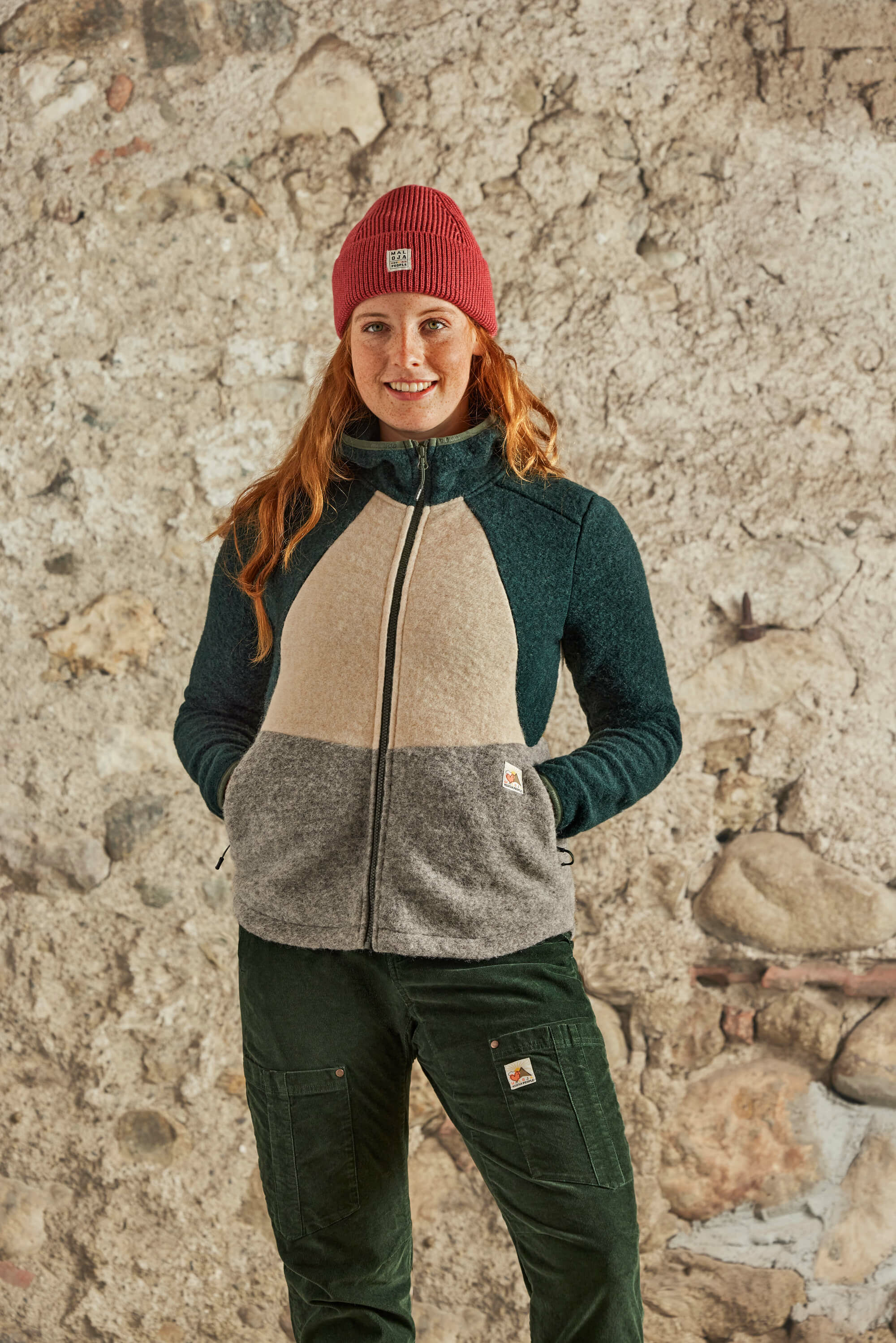 【MALOJA】女羊毛拼色連帽外套 / 23MA36432-[綠灰拼]