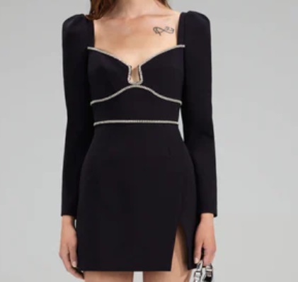 1SP1205-079 SELF PORTRAIT Crepe Rhinestone Detail Mini Dress Black #RS23-006S-B (C-EU-E)