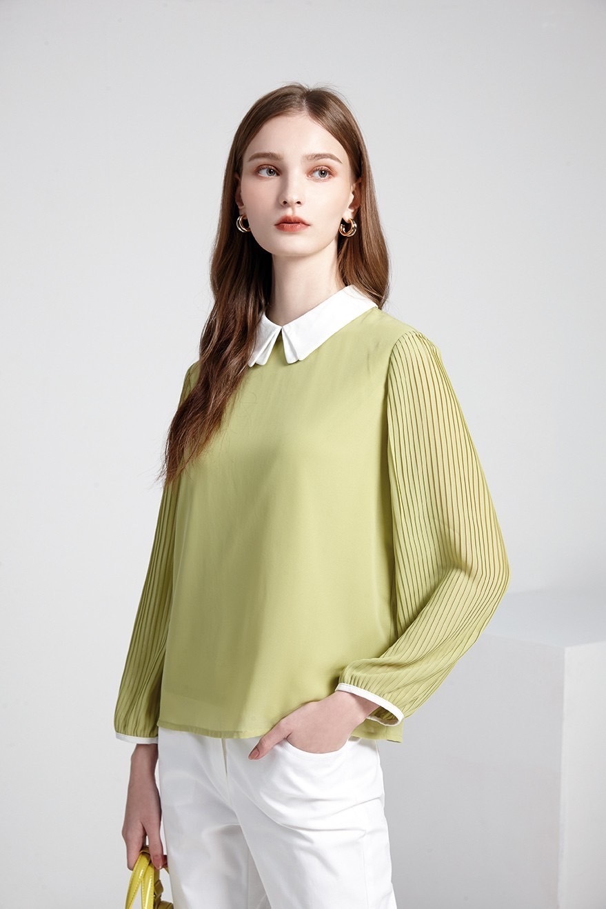 OL韓系優雅甜美氣質壓摺袖雪紡上衣T6221