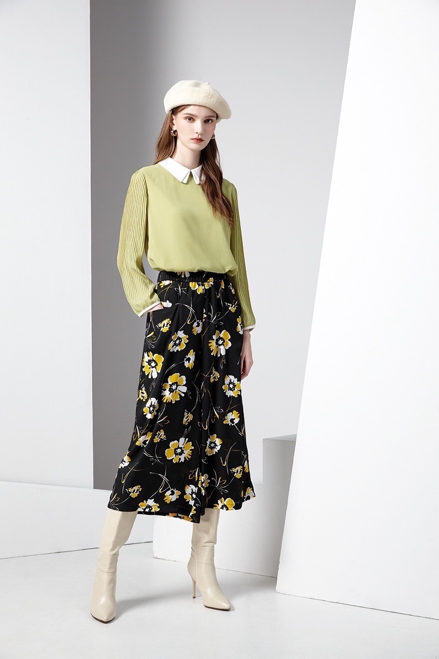 時尚優雅精品印花高質感修身寬褲裙T6082