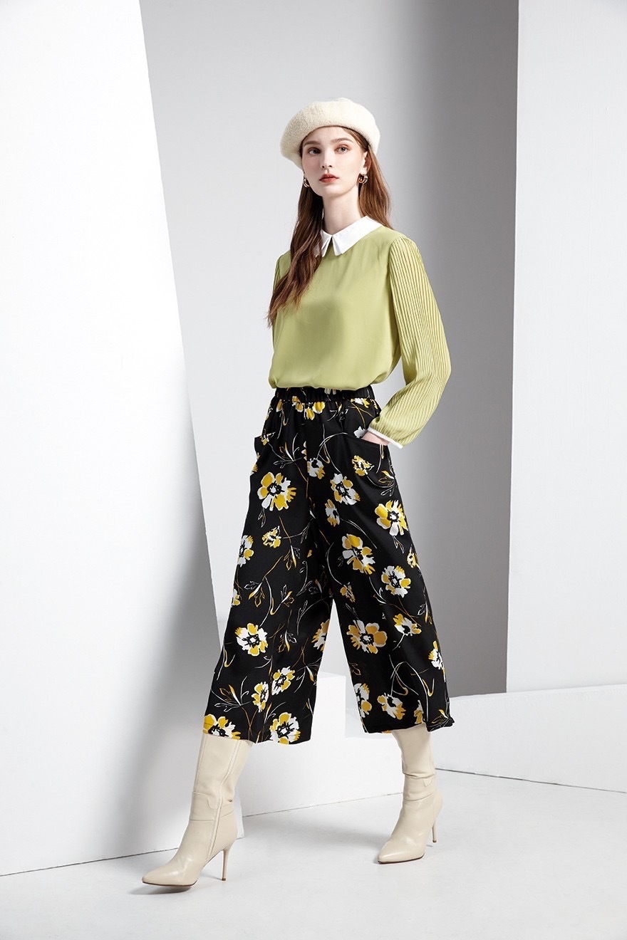 時尚優雅精品印花高質感修身寬褲裙T6082