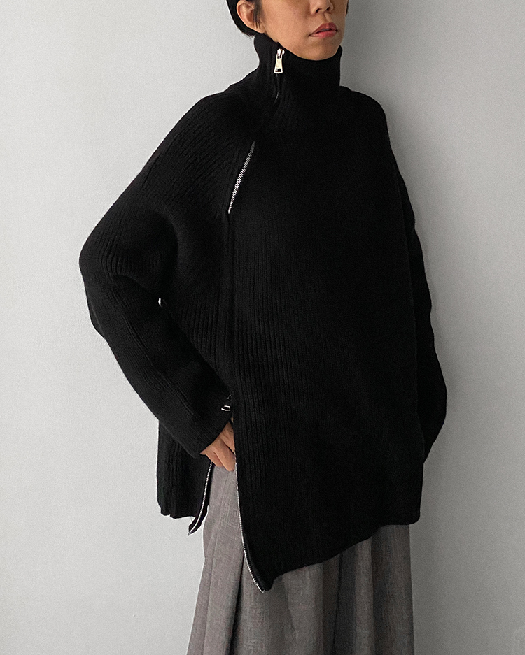 MFT-2437 雙拉鍊寬鬆毛衣 ʙʟᴀᴄᴋ