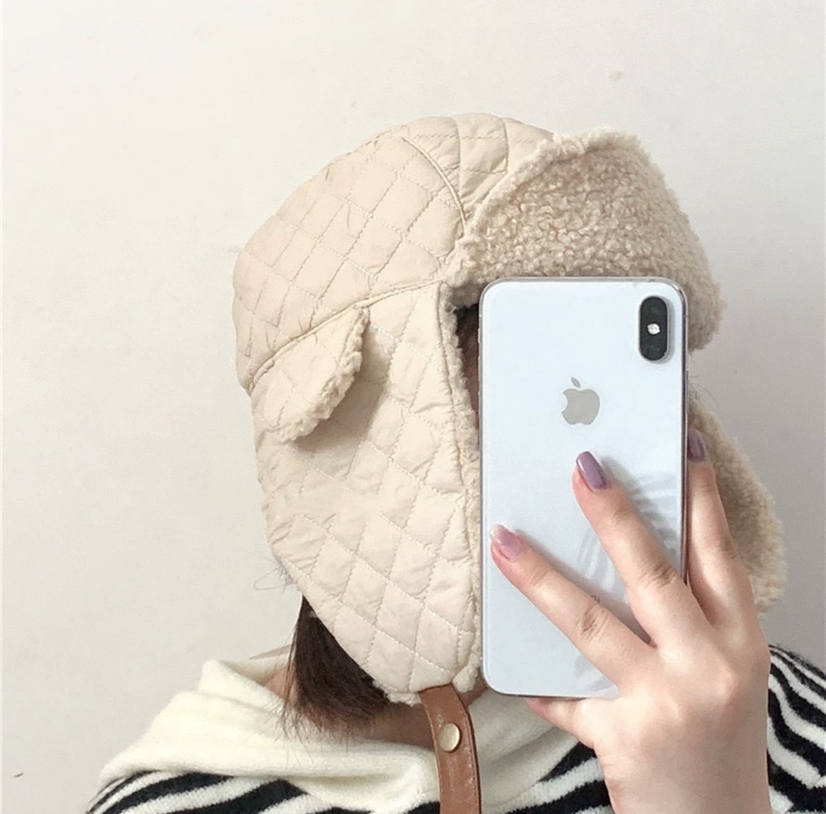 菱格羊羔毛保暖飛行帽/二色