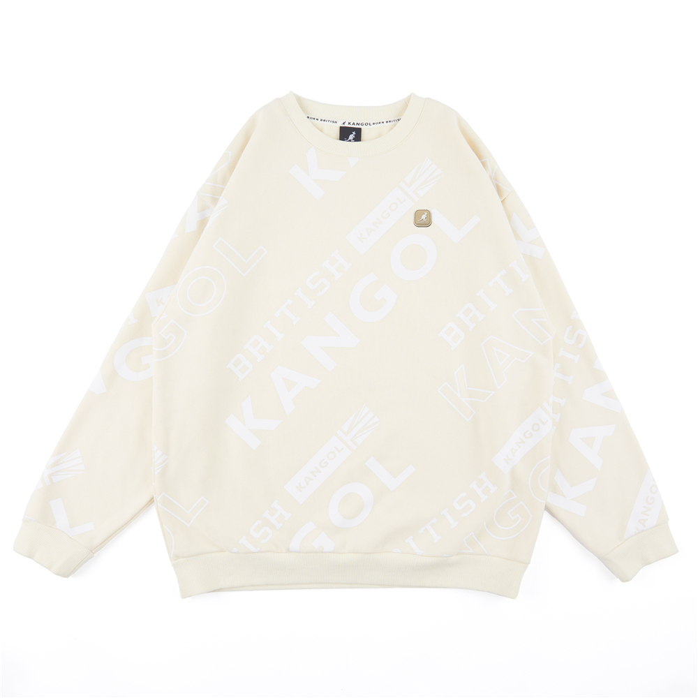 KANGOL 長袖 大學T 奶茶 滿版印花 內刷毛 中性 6355100901