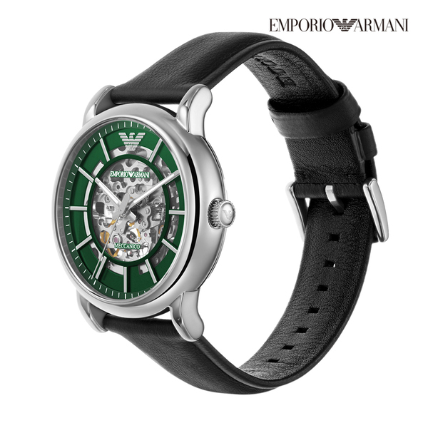 萬年鐘錶 - ARMANI  精品腕錶  綠面雅爵鏤空機械皮革男錶 AR60068  錶徑43MM