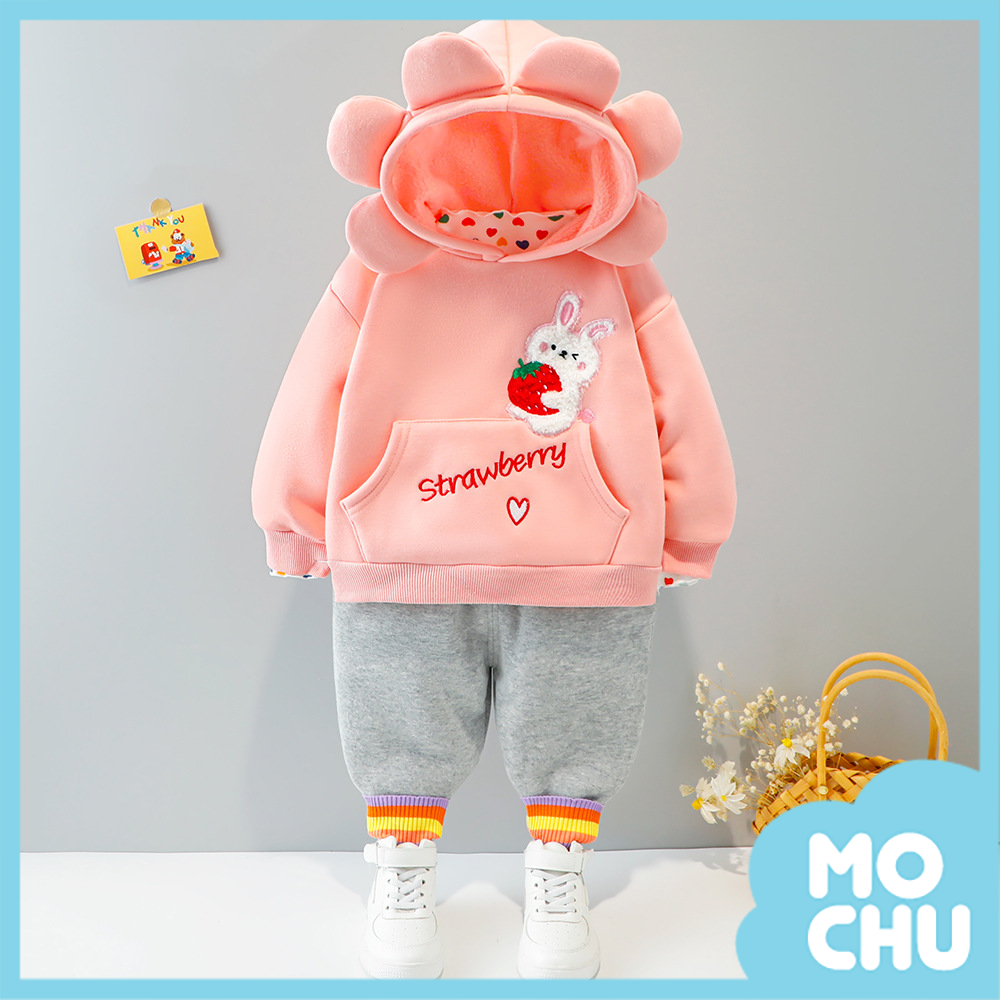 (90cm現貨)草莓兔花朵帽加絨套裝