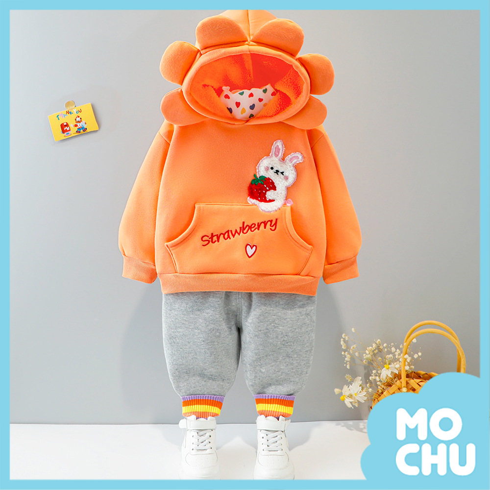 (90cm現貨)草莓兔花朵帽加絨套裝