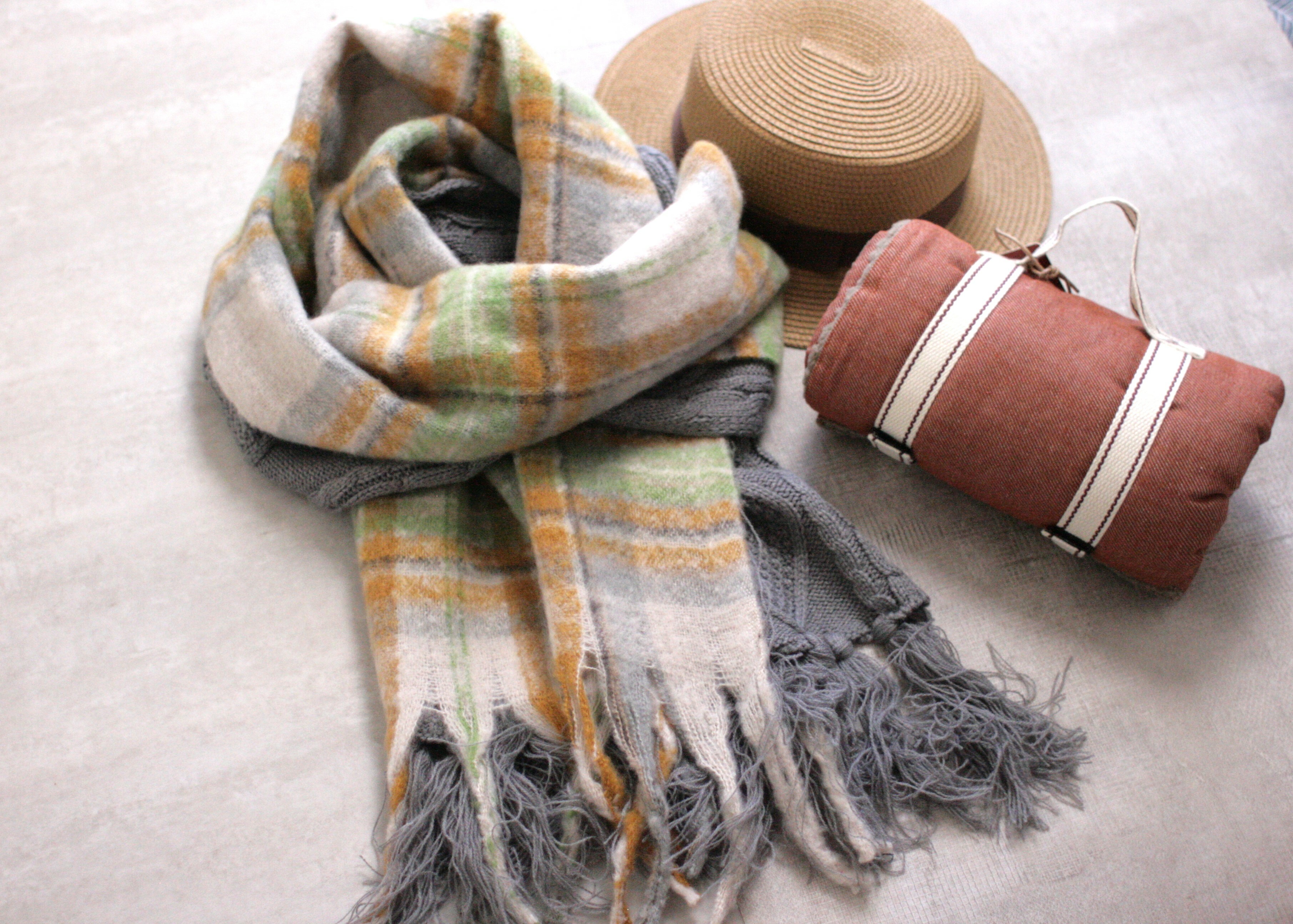 格子針織拼接男朋友暖暖頸巾【日本直送】