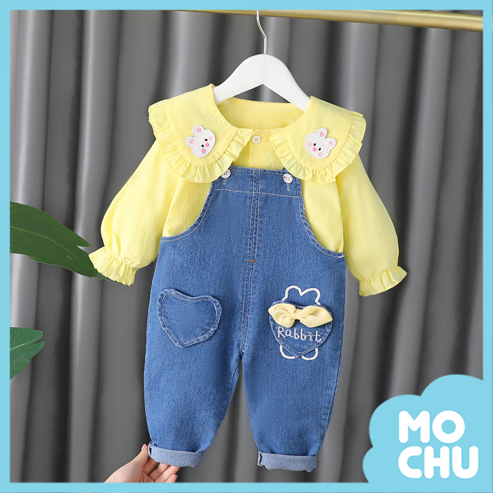 花邊氣質兔牛仔吊帶褲套裝(兩色)
