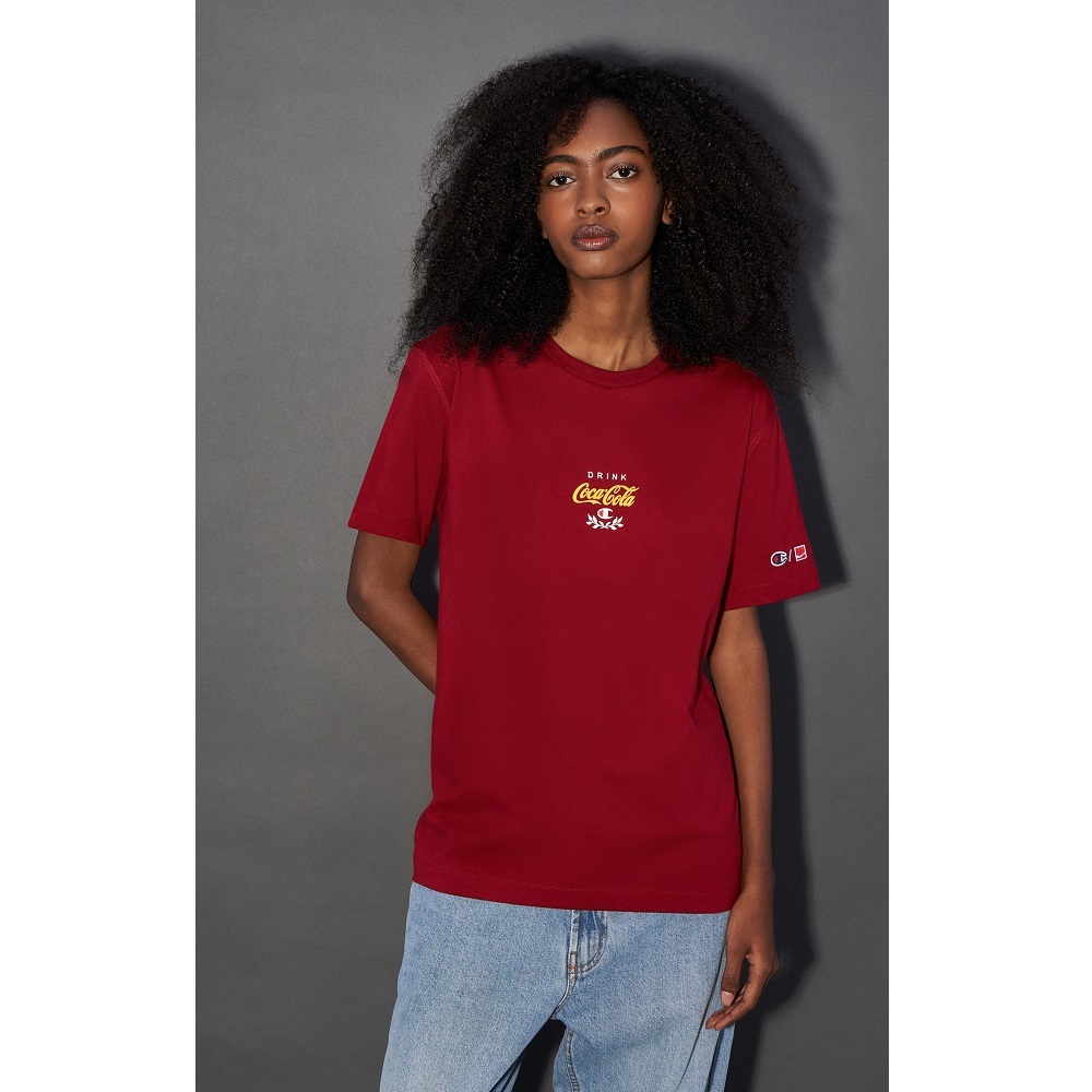 男款-Coca Cola x CHAMPION植絨LOGO印花短袖Tee-深紅色（220184-RS506）