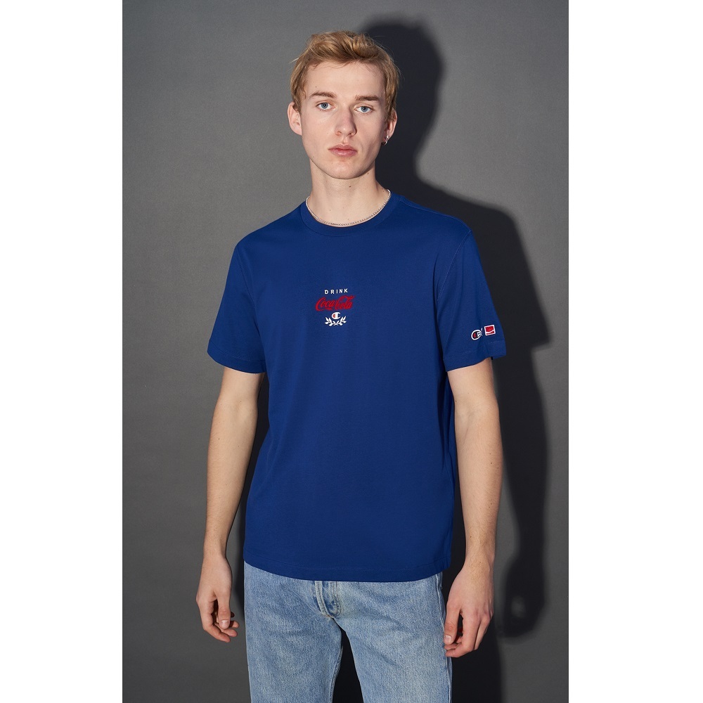 男款-Coca Cola x CHAMPION植絨LOGO印花短袖Tee-藍色（220184-BS559）