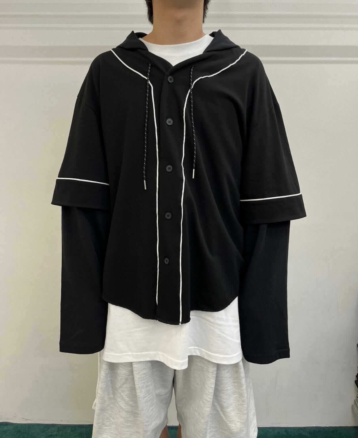 淨色假兩件連帽開胸外套 WELL DONE-007JK