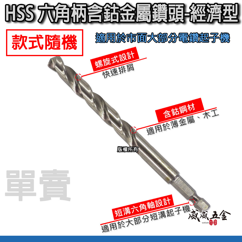 經濟型 無品牌 裸裝｜六角軸含鈷HSS鑽尾 六角柄金屬用鑽頭 鐵工木工用鑽尾 薄白鐵用鑽頭 六角軸金屬鑽頭
