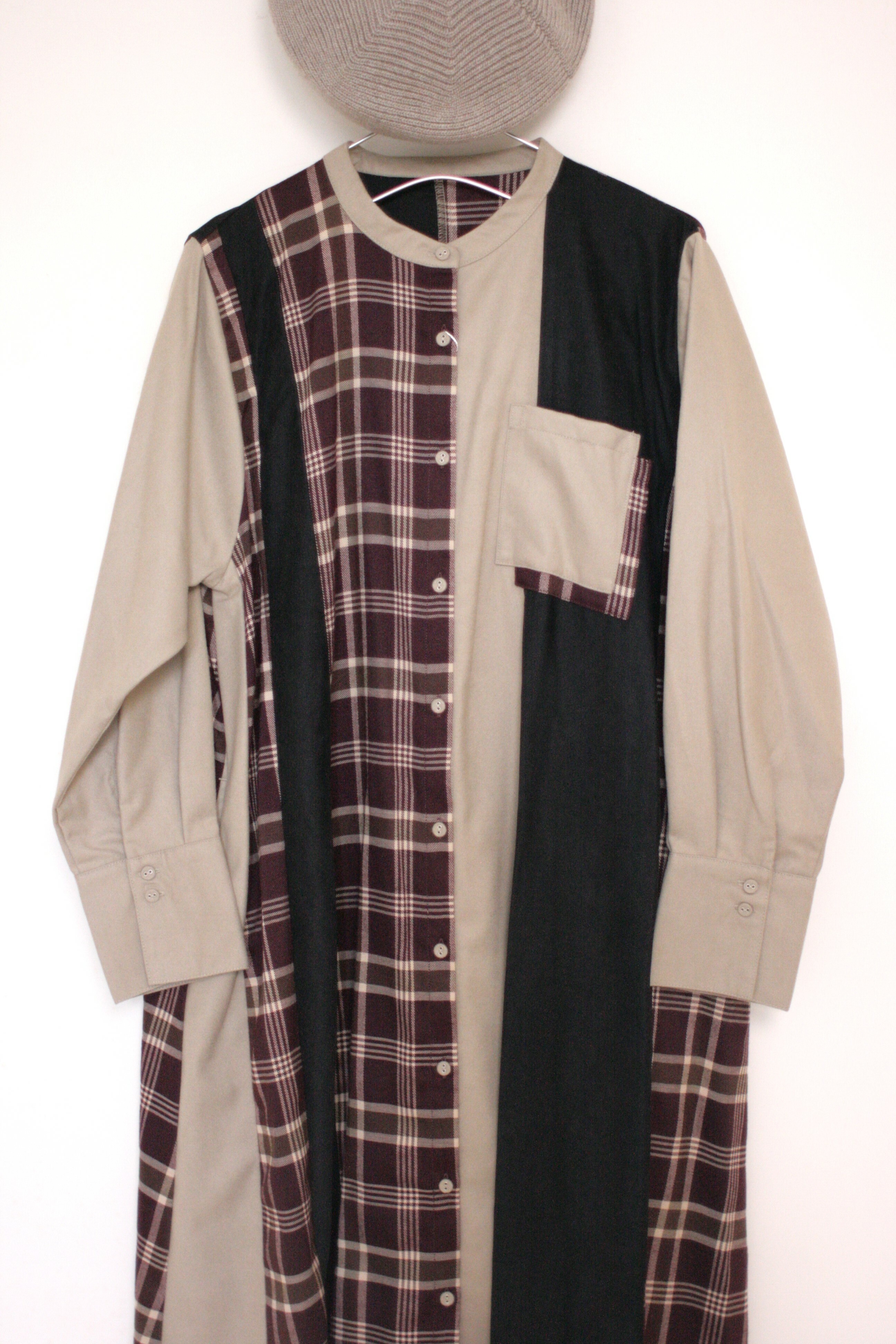 ｛Special Price｝酒紅格子拼接連身裙【日本直送】