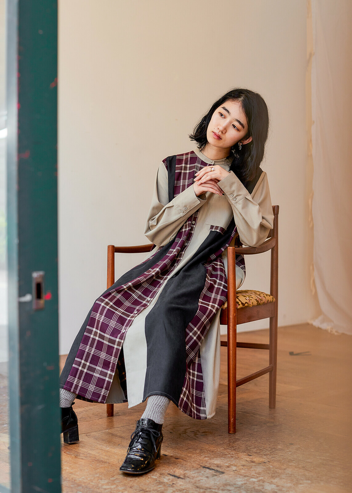 ｛Special Price｝酒紅格子拼接連身裙【日本直送】