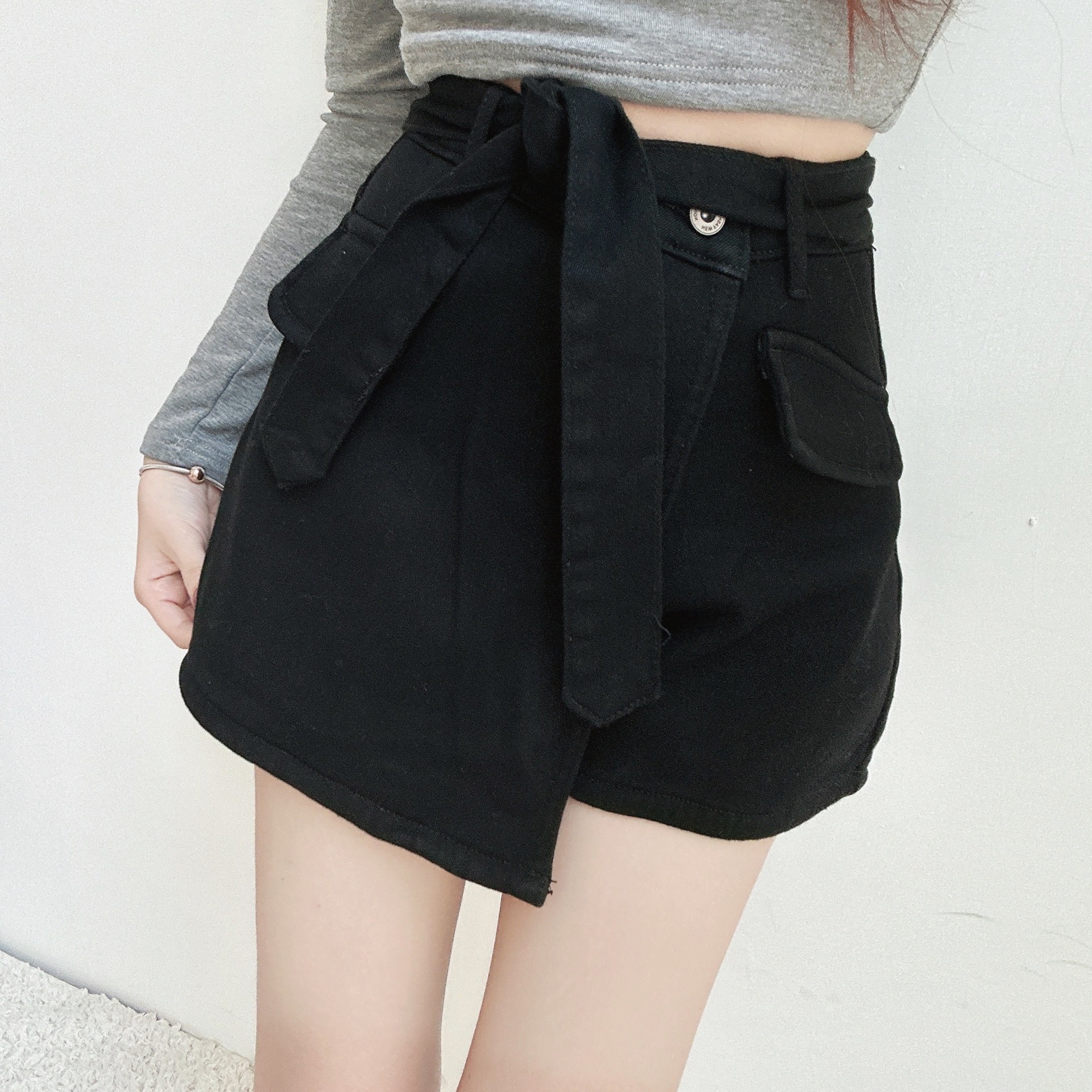 內刷毛假扣袋綁腰褲裙/二色