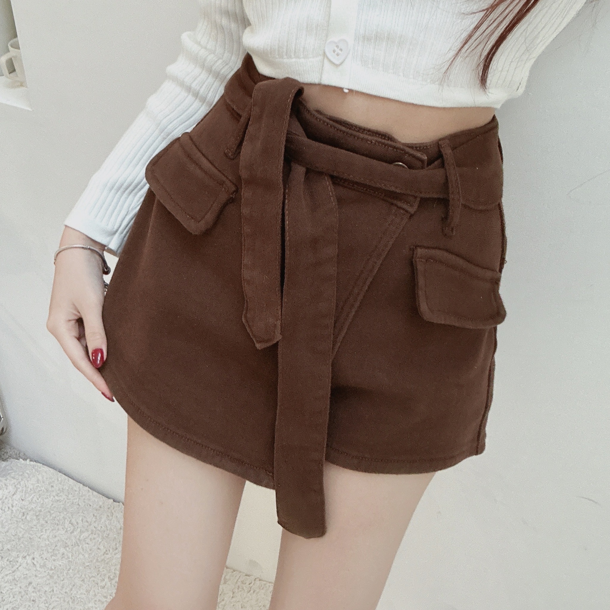 內刷毛假扣袋綁腰褲裙/二色