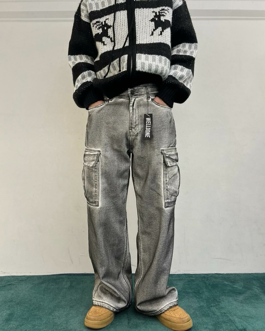 仿污工裝鬆身牛仔褲 WELL DONE-014P