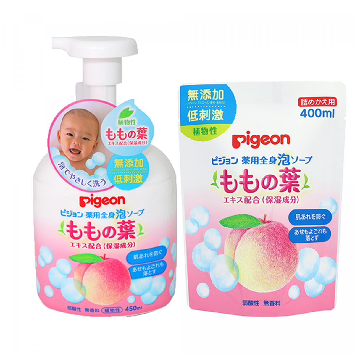 Pigeon - 桃葉保濕泡沫沐浴露組合 洗髮沐浴二合一450ml + 補充裝400ml (日本進口)