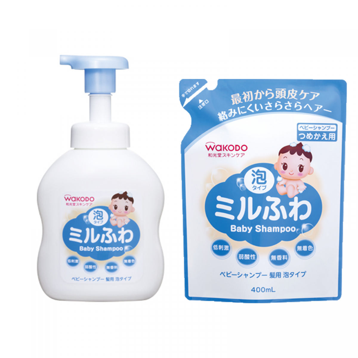 和光堂 - MIRUFUWA 嬰兒洗髮水泡沫型組合 450ml + 400ml 補充裝