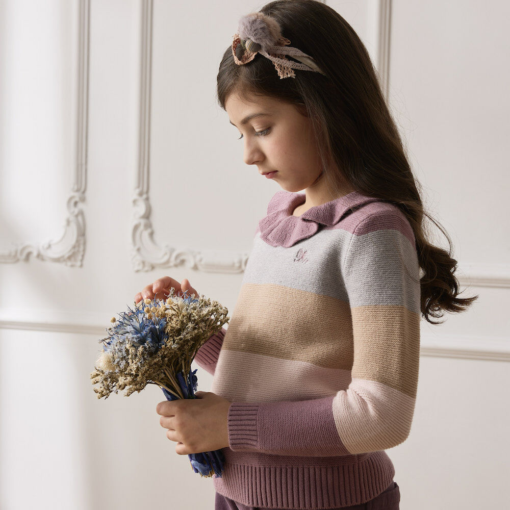 PIPPY 橫條浪漫荷葉波浪領毛衣上衣 粉紫