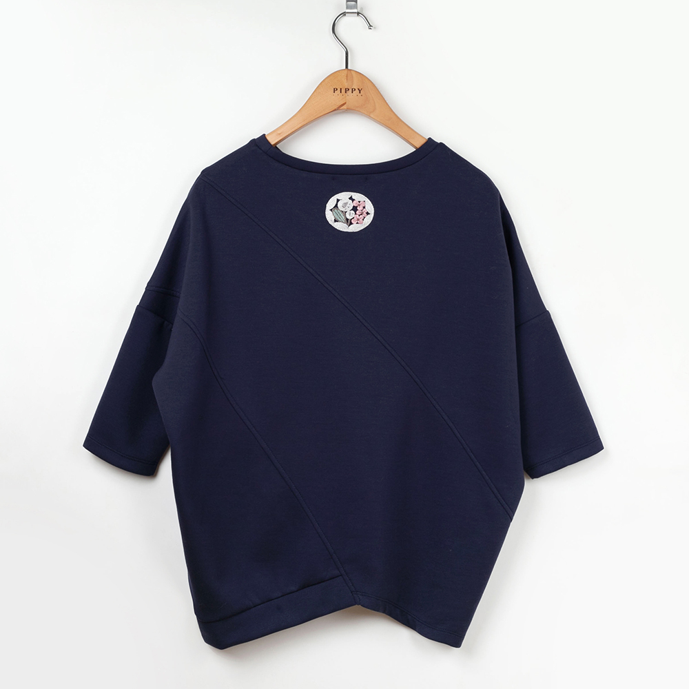 PIPPY百搭剪接彈性棉圓領上衣 丈青