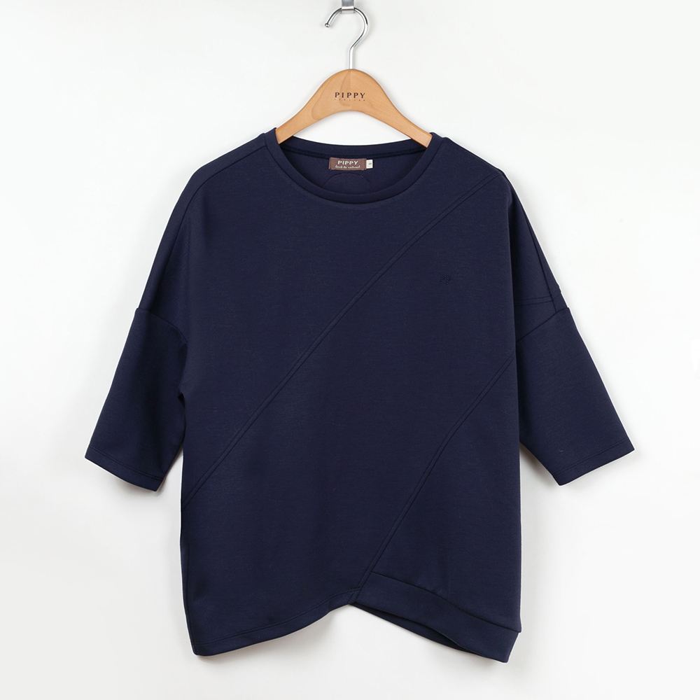 PIPPY百搭剪接彈性棉圓領上衣 丈青