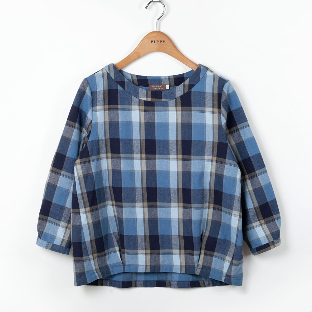 PIPPY純棉清新格紋圓領長袖上衣 丈青