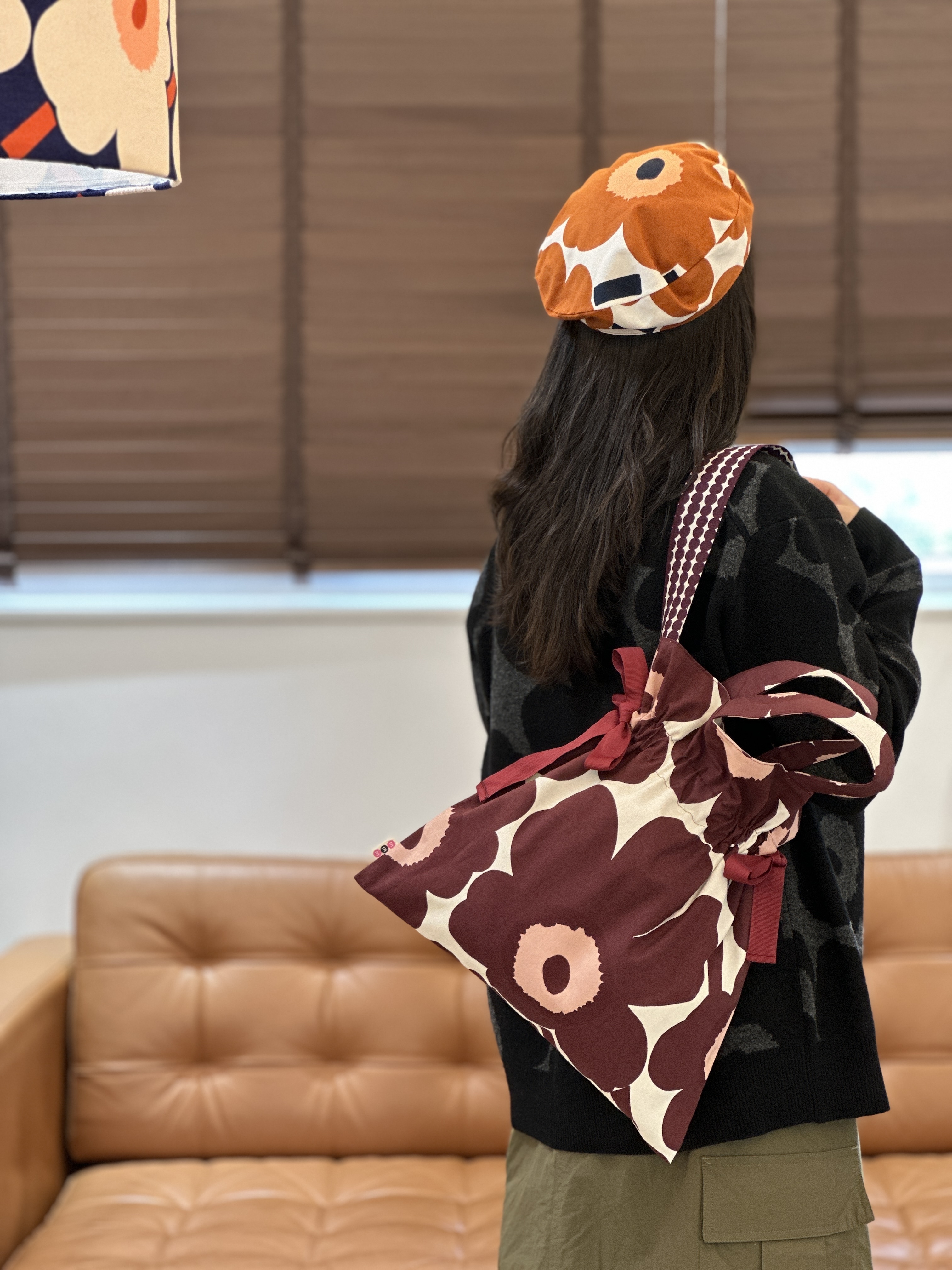 2 way drawstring tote | Marimekko fabric | Burgundy 中花 x Burgundy mini 波波