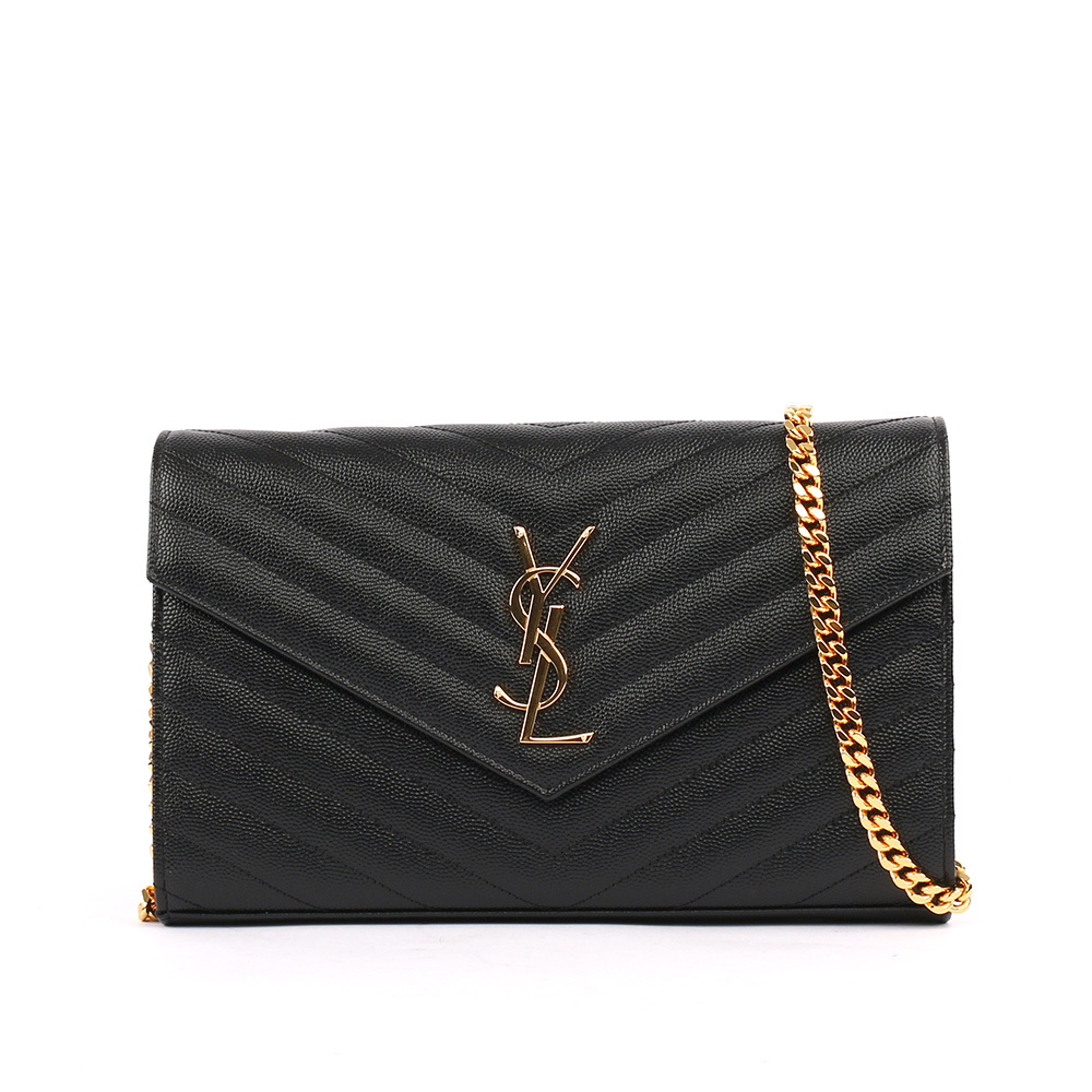 【YSL/ Saint Laurent Paris】V紋荔枝皮金色LOGO WOC 斜背包