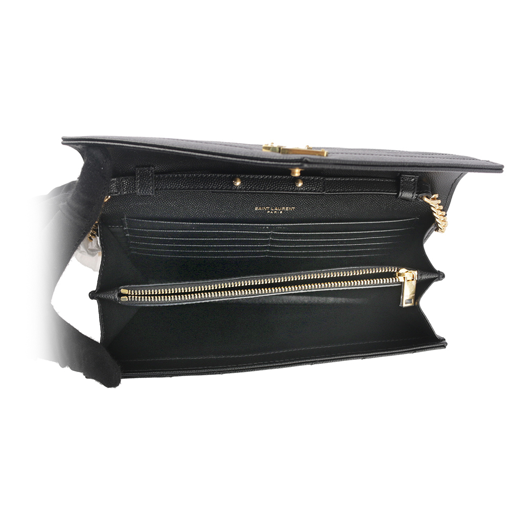 【YSL/ Saint Laurent Paris】V紋荔枝皮金色LOGO WOC 斜背包(黑色) 377828 BOW01 1000