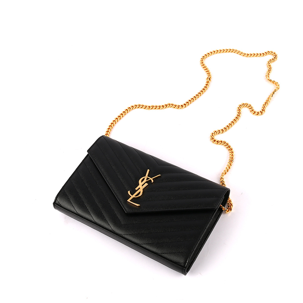 【YSL/ Saint Laurent Paris】V紋荔枝皮金色LOGO WOC 斜背包(黑色) 377828 BOW01 1000