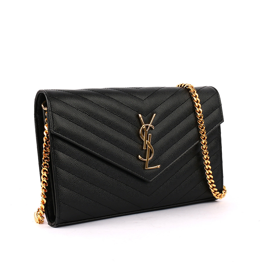 【YSL/ Saint Laurent Paris】V紋荔枝皮金色LOGO WOC 斜背包(黑色) 377828 BOW01 1000