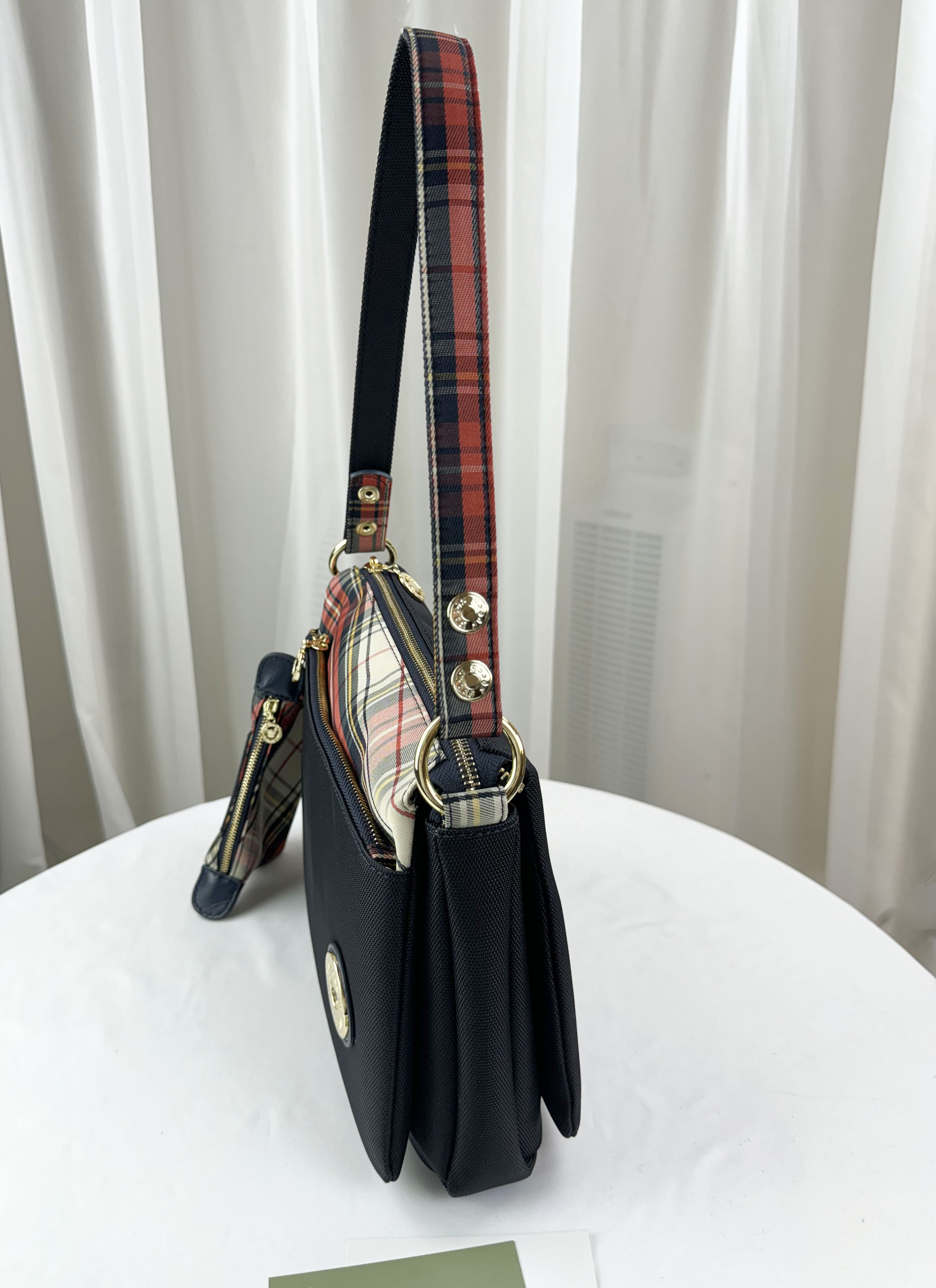 FamilyBear 橙格紋拼色防潑水肩背包 / 側背包 附格紋零錢包 #29259