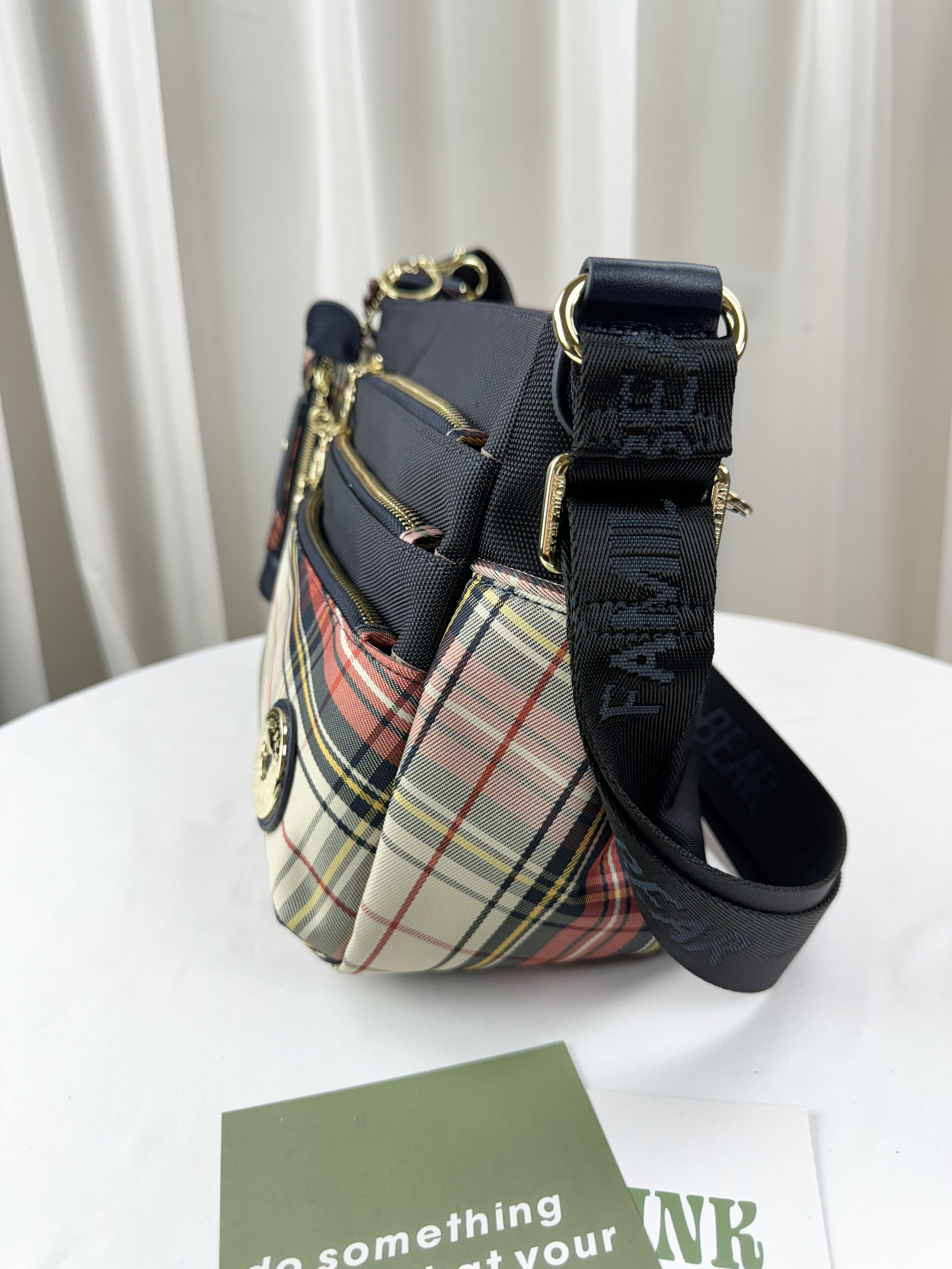 FamilyBear 橙格紋拼色防潑水側背包 附格紋零錢包 #2502