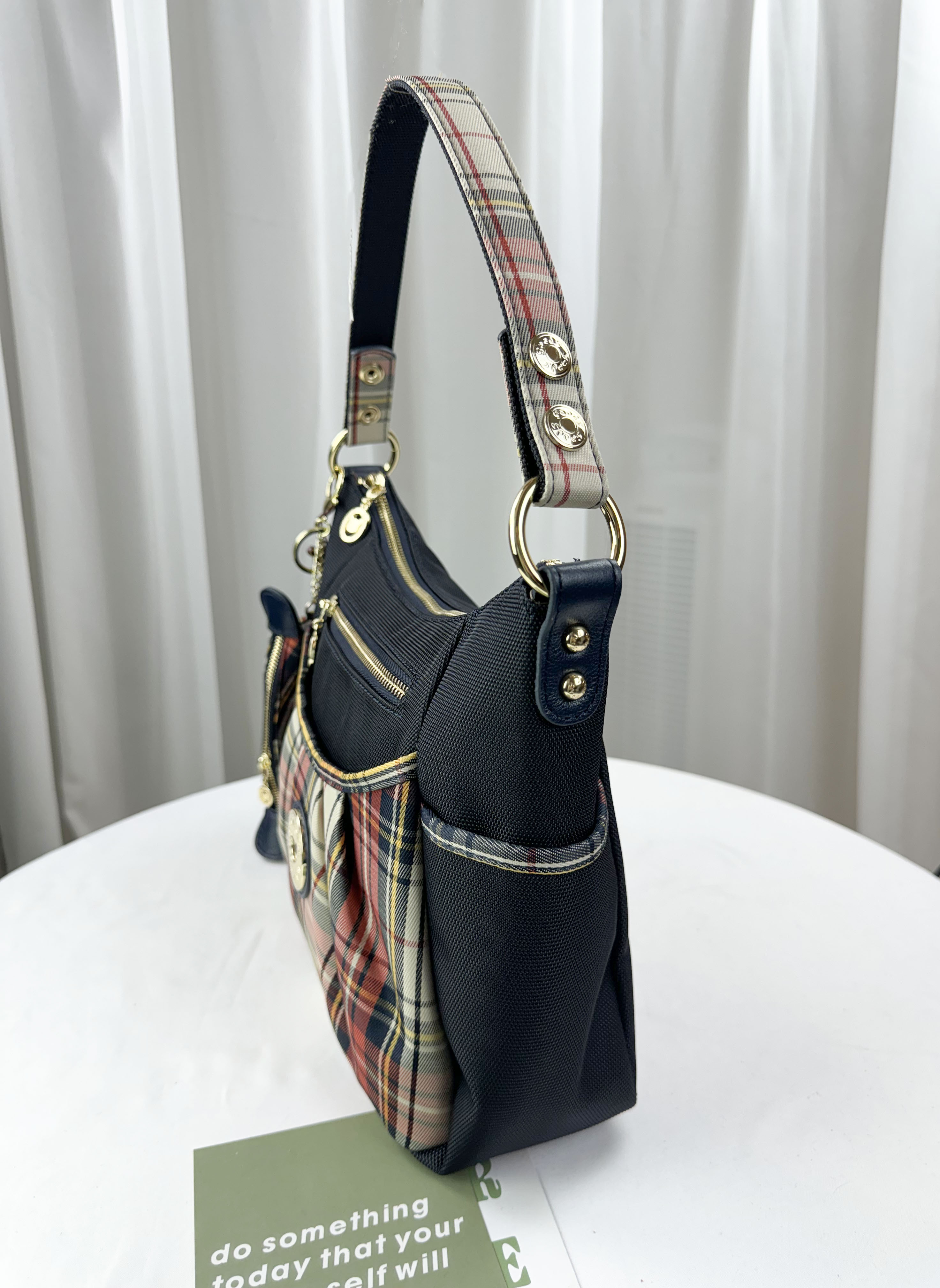 FamilyBear  橙格紋拼色防潑水肩背包 / 側背包 附格紋零錢包 #2636