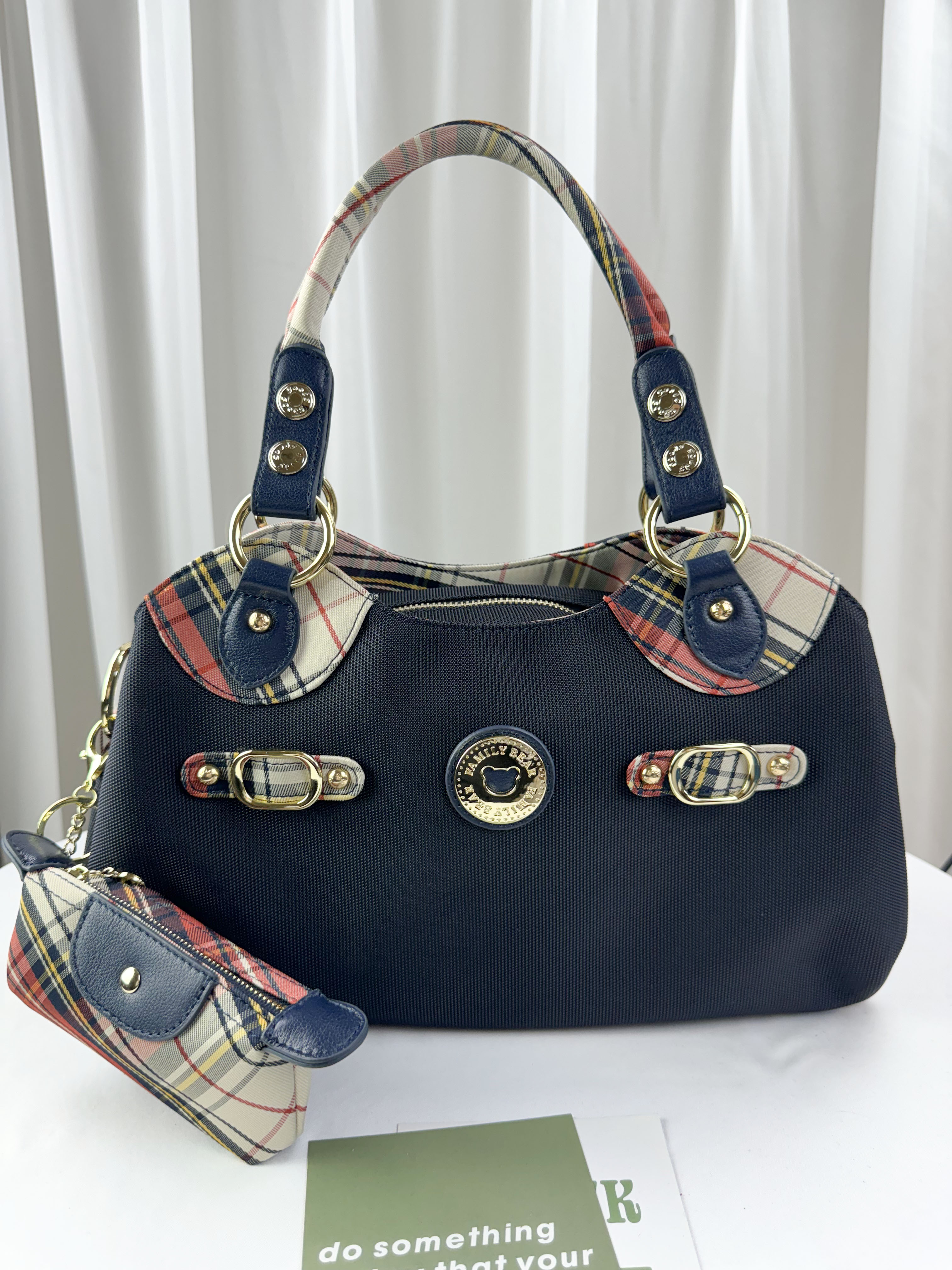 FamilyBear 橙格紋拼色防潑水手提包 / 側背包 附格紋零錢包  #29294