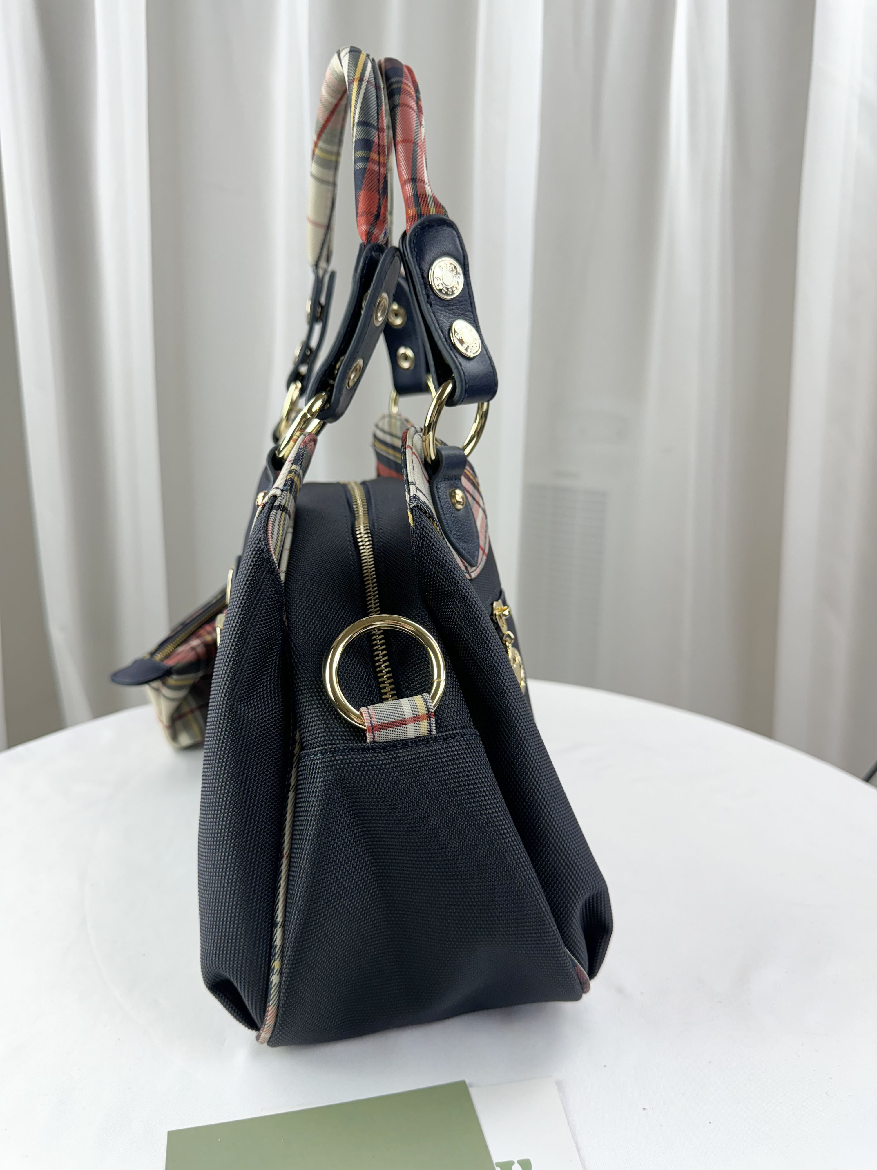 FamilyBear 橙格紋拼色防潑水手提包 / 側背包 附格紋零錢包  #29294