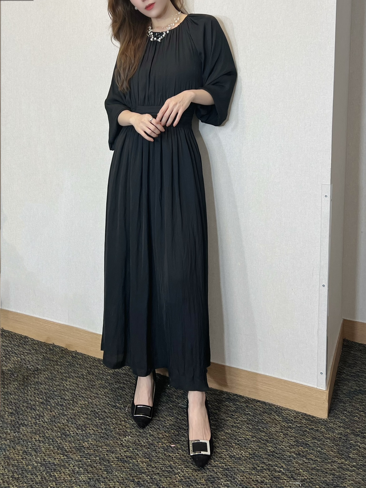 抓褶垂墜感腰身長洋