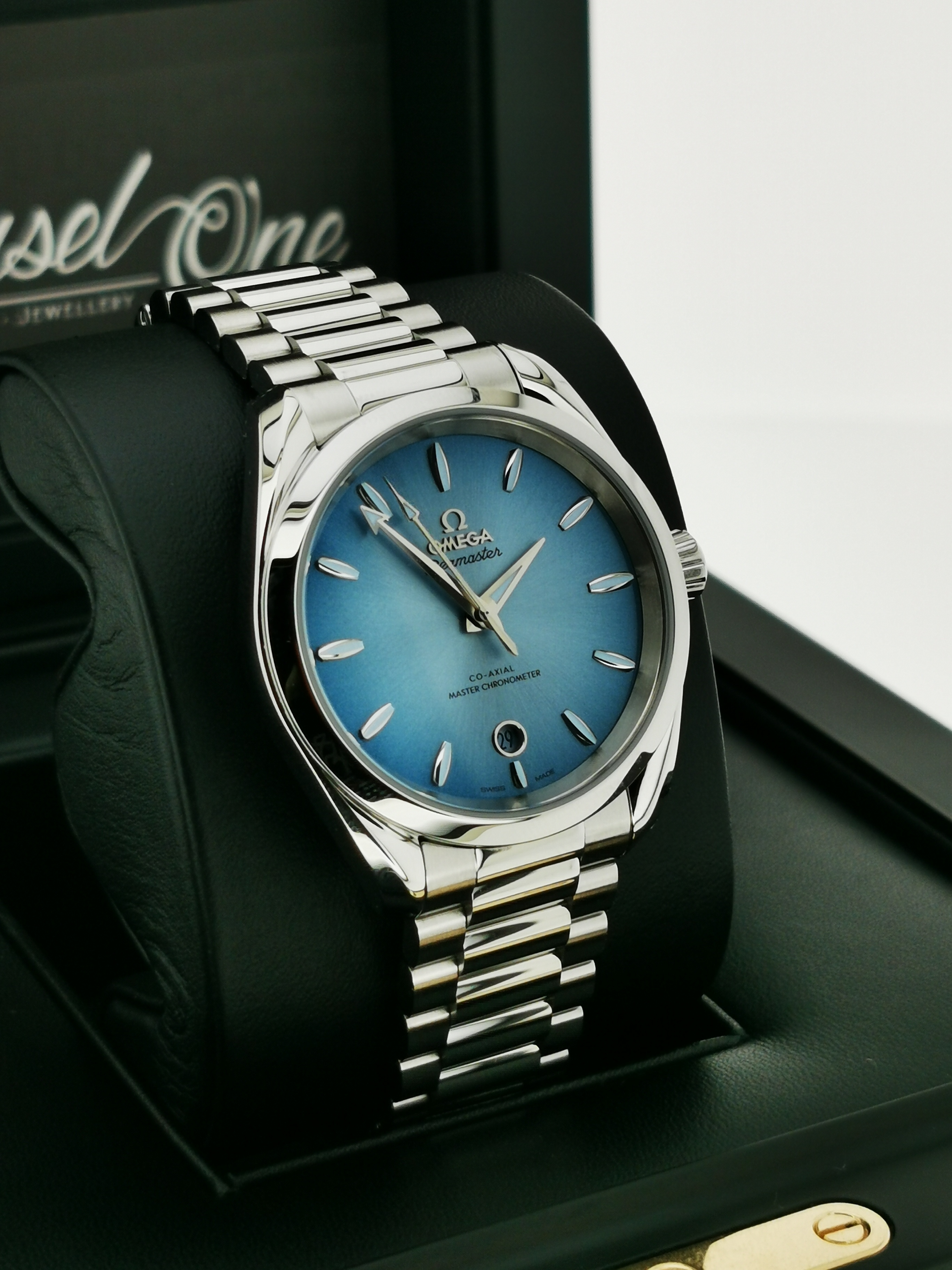 BRAND NEW OMEGA 220.10.38.20.03.004 22010382003004 ICE BLUE DIAL 75th anniversary AQUA TERRA 150M CO‑AXIAL MASTER CHRONOMETER summer blue 38 MM