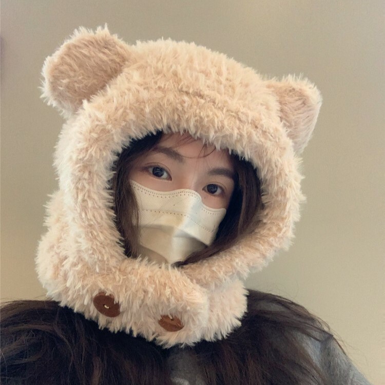 《3424》韓版可愛加厚毛絨小熊鈕扣帽