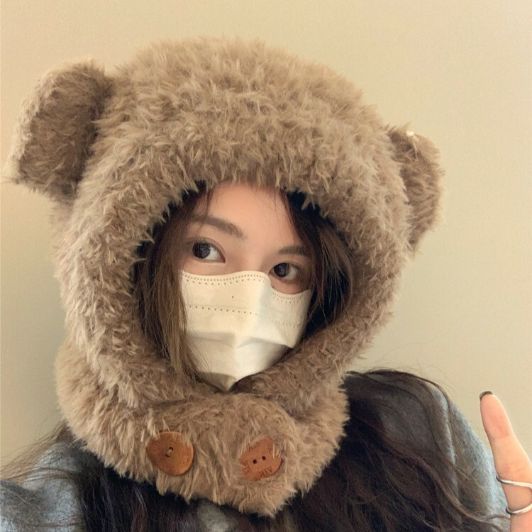 《3424》韓版可愛加厚毛絨小熊鈕扣帽