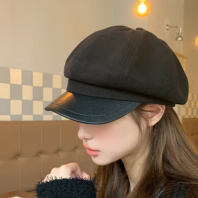 《3425》日系百搭秋冬皮革貝雷帽