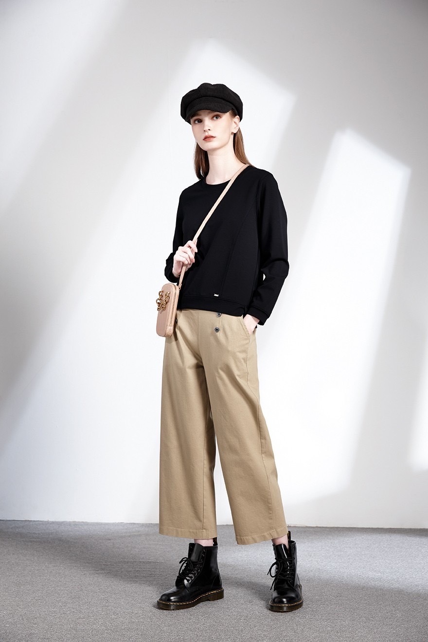 簡約舒適棉質釦子造型闊腿八分寬褲T6531