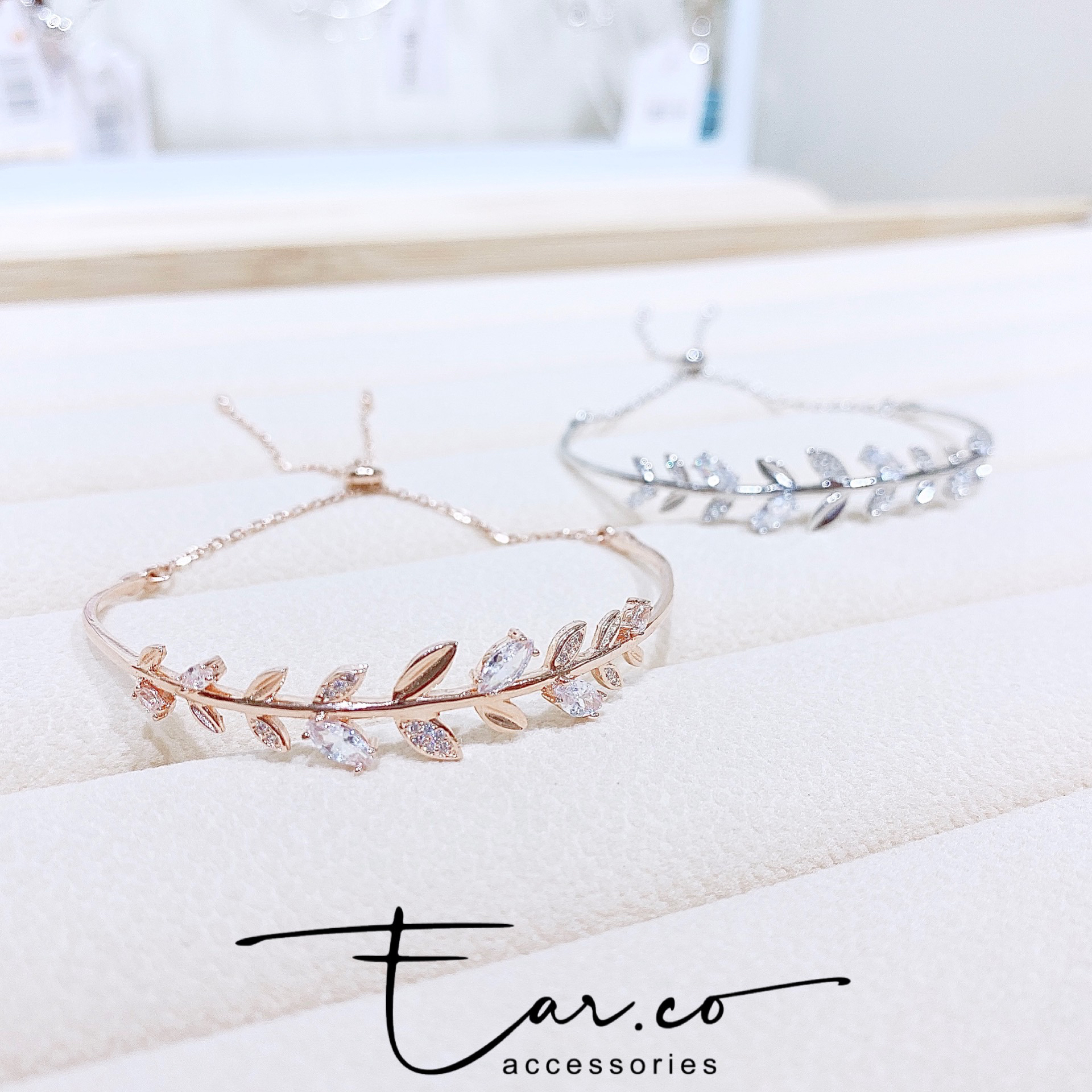 精緻水鑽清新樹葉純銀拉繩手鐲