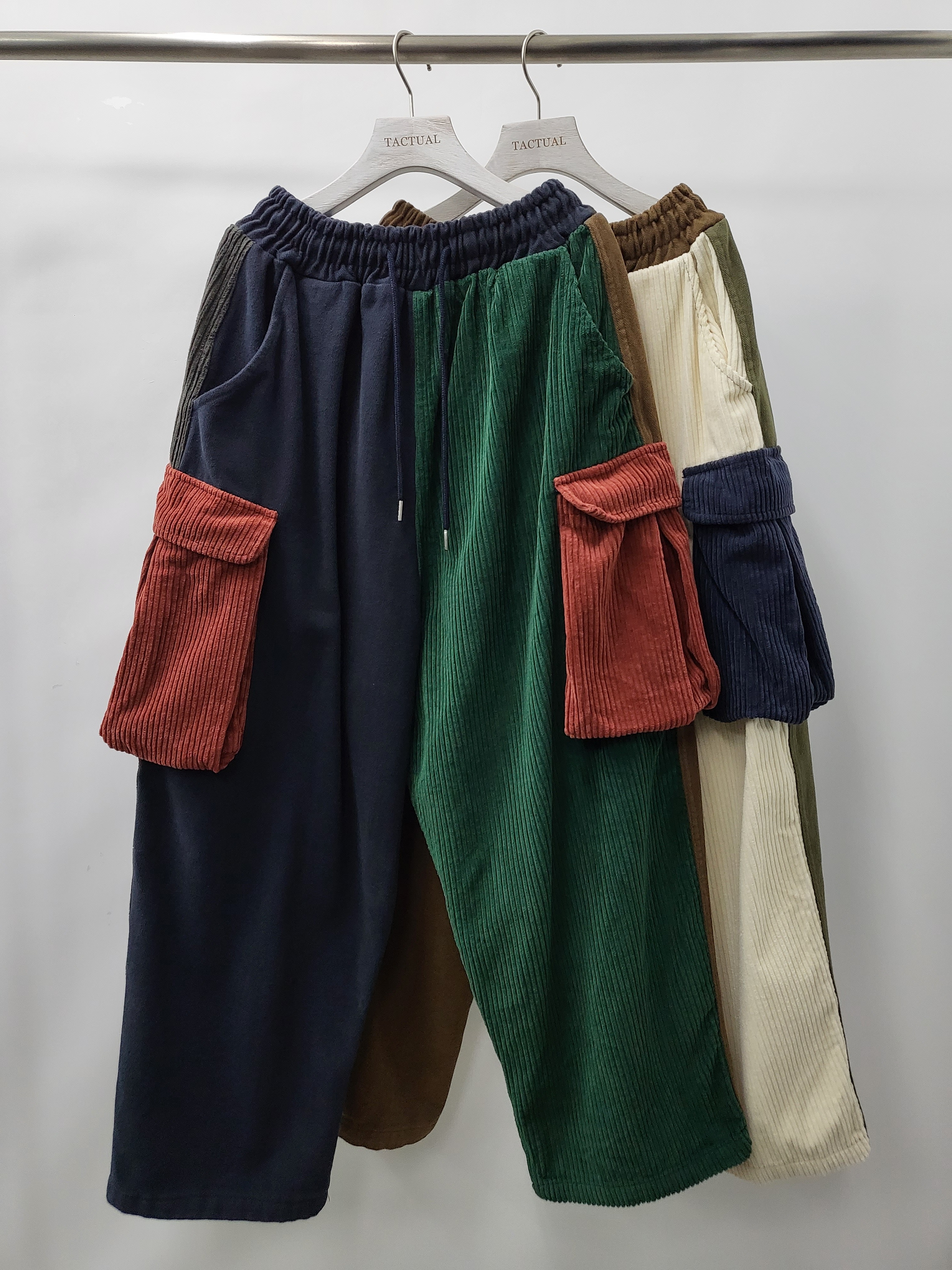 拼燈心絨工裝鬆身褲(薄抓毛底) P2671