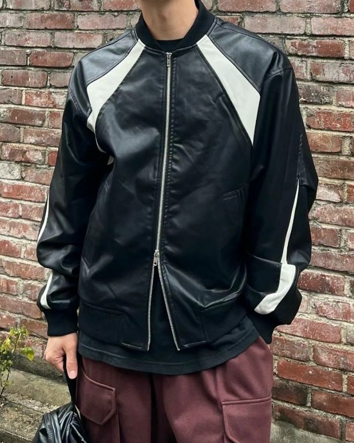 拼色拉鍊合成皮褸 JK2442