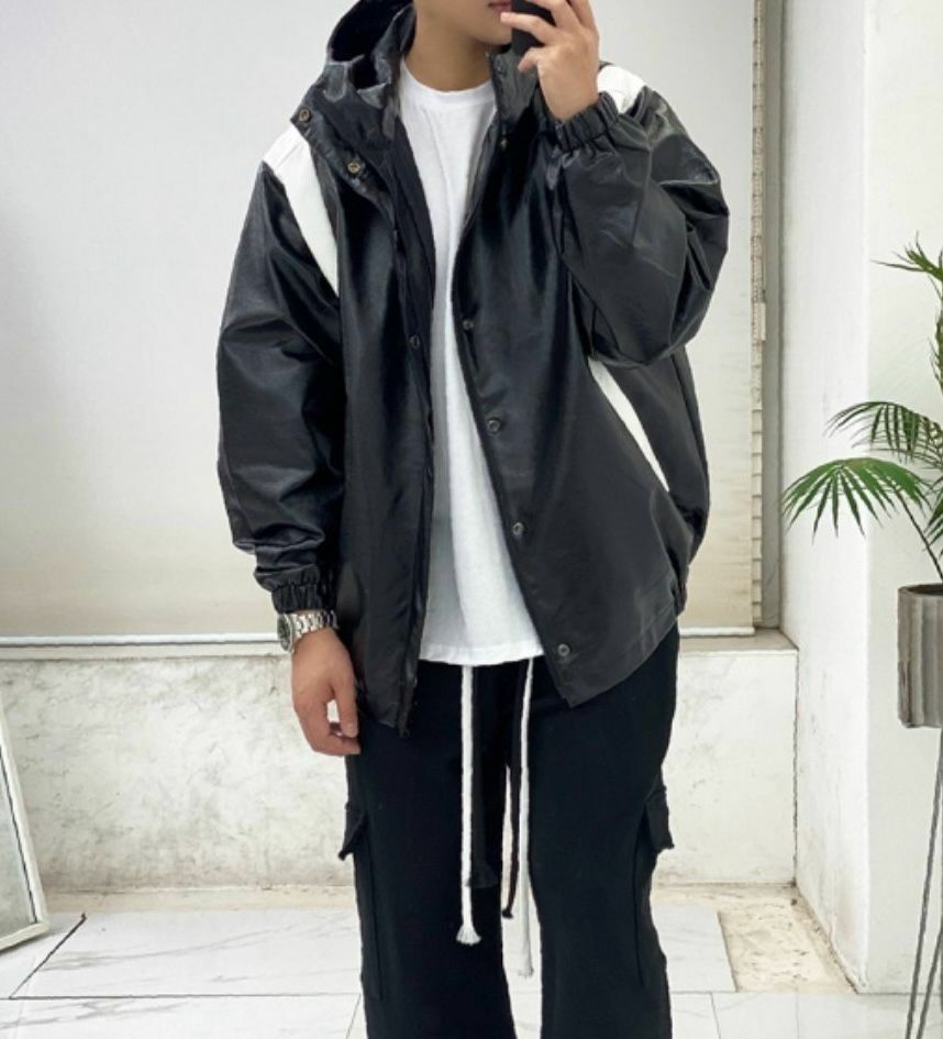 拼色連帽拉鍊合成皮褸 JK2443